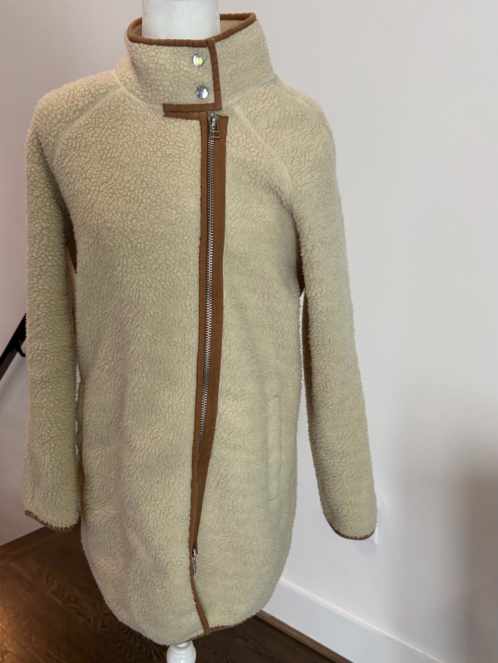 C&C California Cream Sherpa Coat with Tan Trim